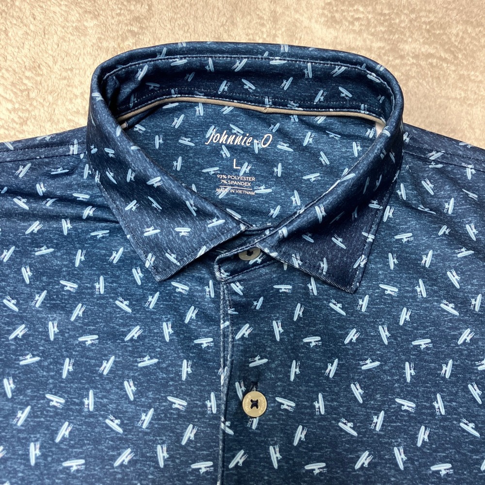 Johnnie-O Polo Shirt Airplane Print Performance Stretch Navy‎ Blue Mens Large
